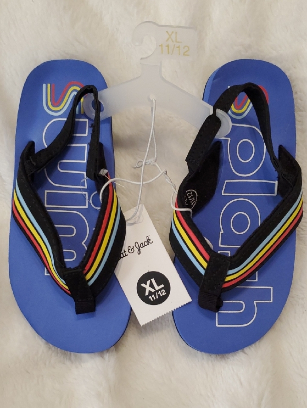 Cat & Jack Blue Flip Flops with Rainbow Stripe Straps